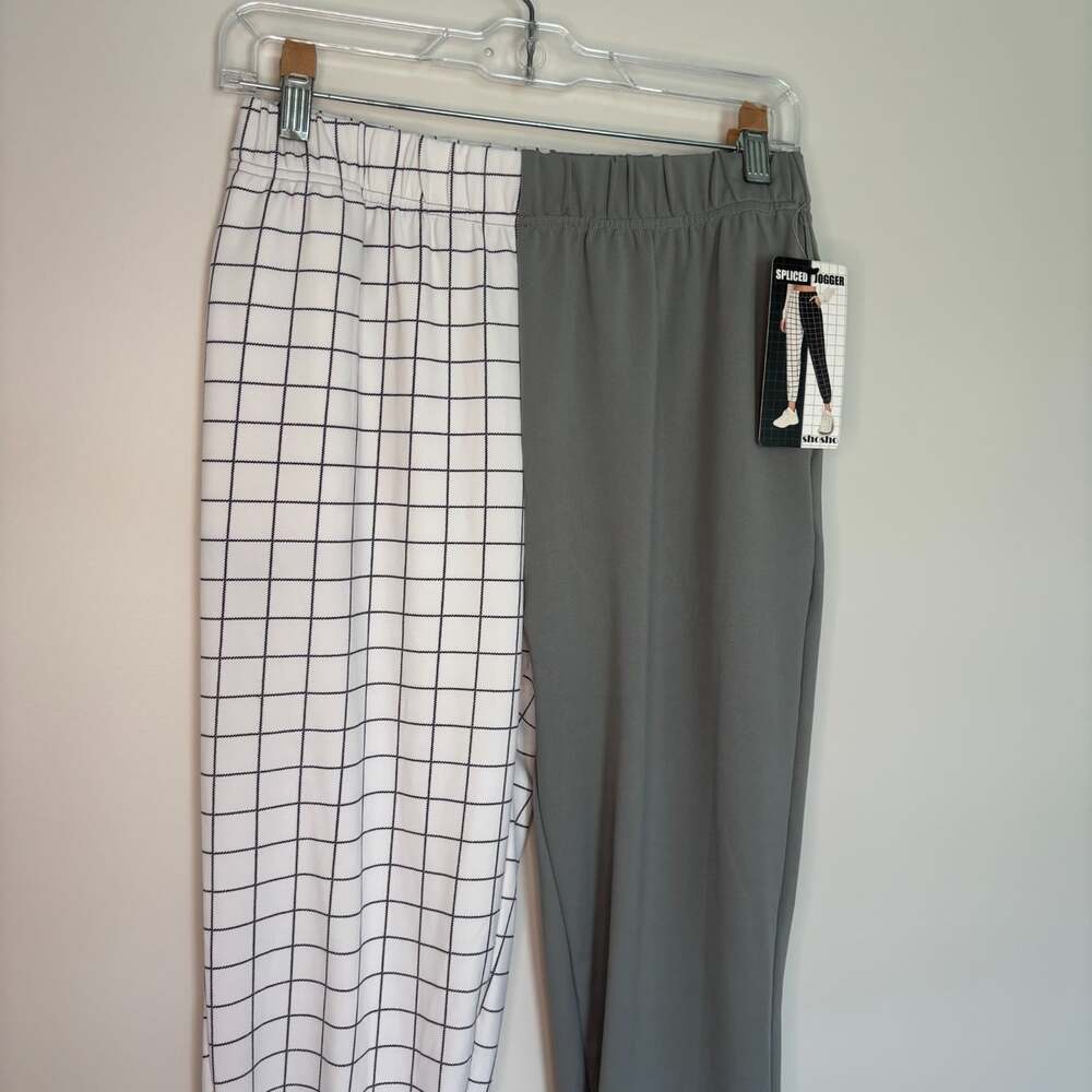 SHOSHO NEW Spliced Jogger Womens M Gray White Check Stretch Casual Activewear